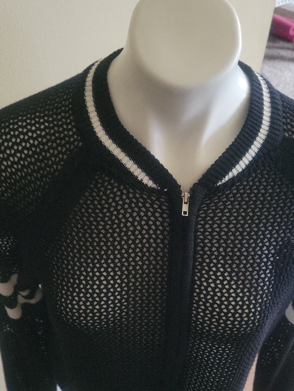 Black Mesh Bomber Jacket with White Stripes - Picture 2 of 7